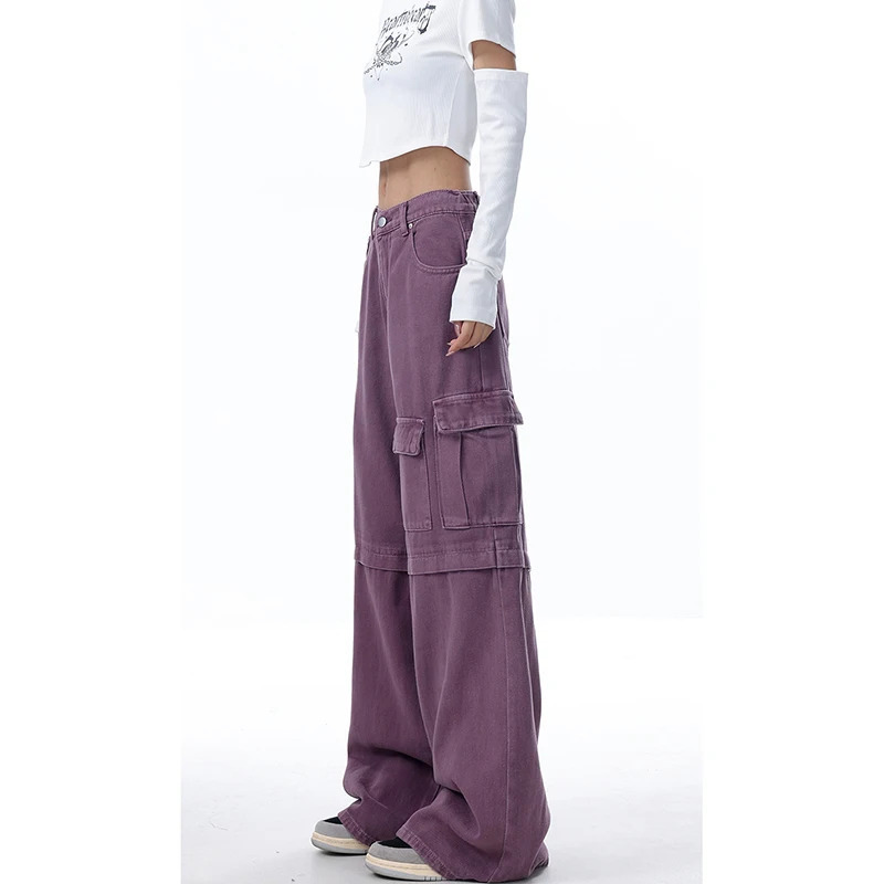 Y2K Purple Cargo Jeans - Vintage High Waist Baggy Street Straight Wide Leg Pants