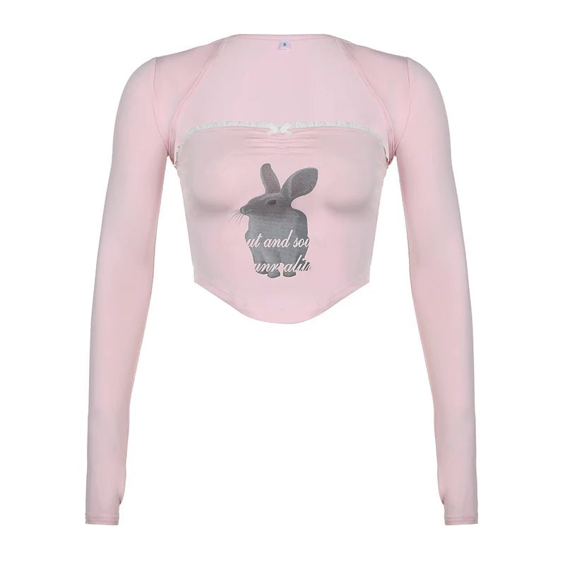 Y2K Rabbit Print Crop Top Set - 90s Grunge Summer Outfit, Retro Y2K Fashion, Pastel