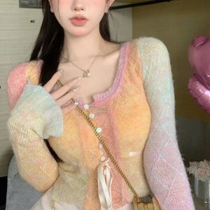 Y2K Rainbow Gradient Lace Cardigan - 90s Grunge, Retro Summer, Pastel Goth, Y2K