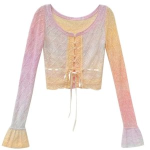 Y2K Rainbow Gradient Lace Cardigan - 90s Grunge, Retro Summer, Pastel Goth, Y2K