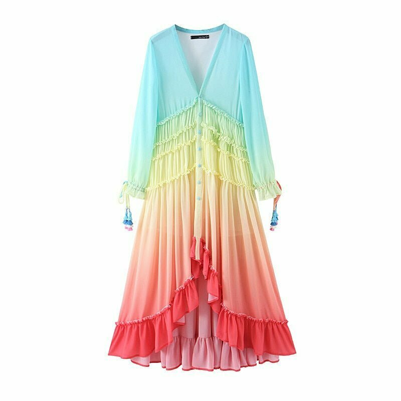 Y2K Rainbow High Low Dress - 90s Grunge, Retro Summer Outfit, Pastel Goth, Y2K