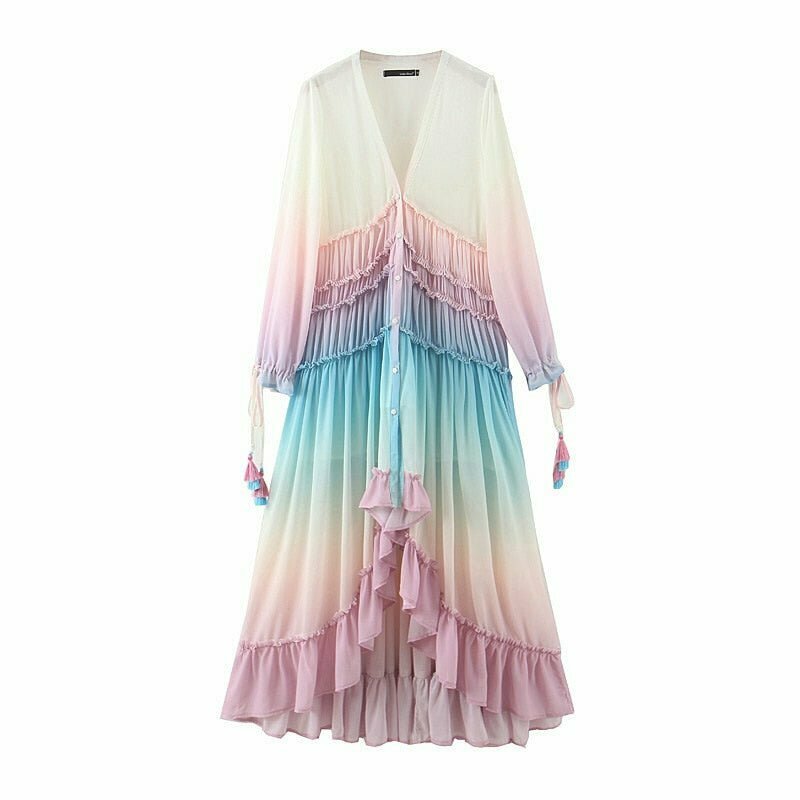 Y2K Rainbow High Low Dress - 90s Grunge, Retro Summer Outfit, Pastel Goth, Y2K