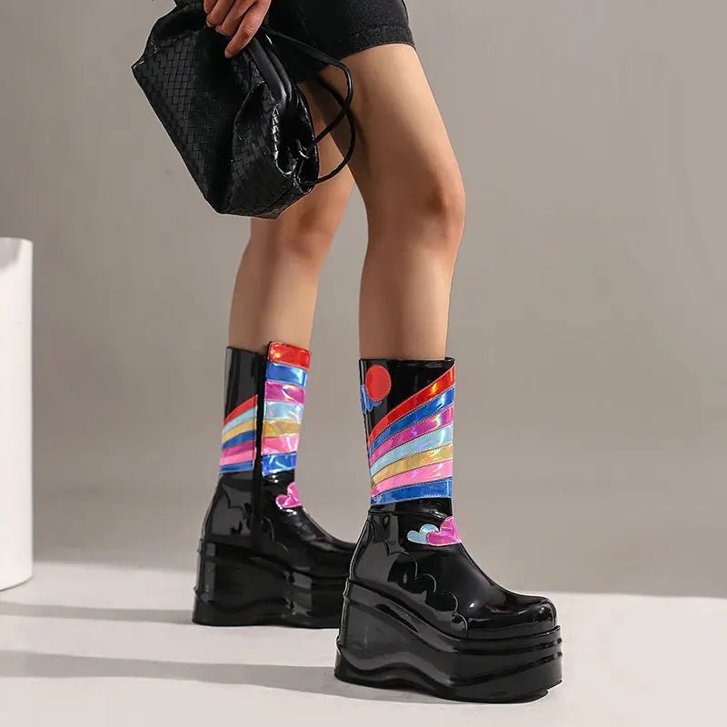 Y2K Rainbow Platform Wedge Boots - 90s Grunge, Retro, Pastel Goth, and Summer Y2