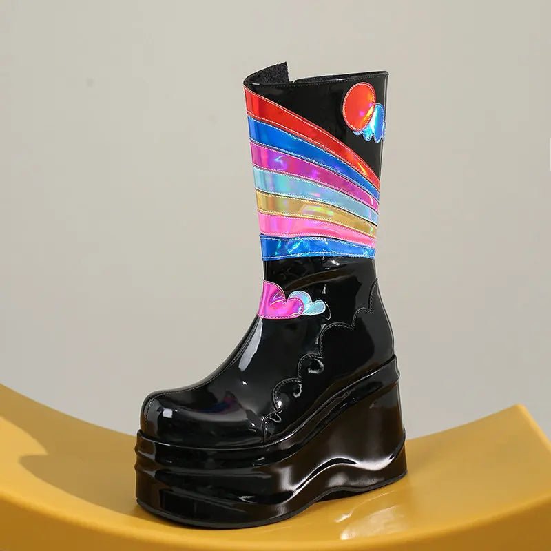 Y2K Rainbow Platform Wedge Boots - 90s Grunge, Retro, Pastel Goth, and Summer Y2