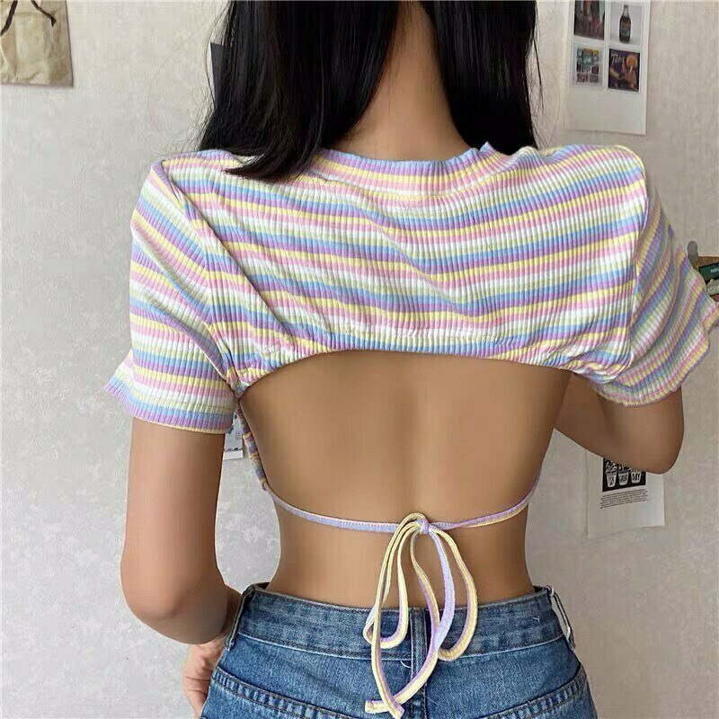 Y2K Rainbow Print Crop Top - 90s Grunge, Retro Summer, Pastel Goth, Y2K Party