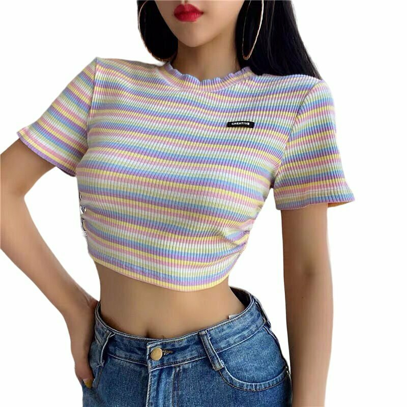 Y2K Rainbow Print Crop Top - 90s Grunge, Retro Summer, Pastel Goth, Y2K Party