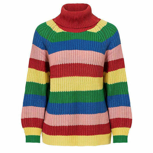 Y2K Rainbow Roll Neck Jumper - 90s Grunge, Retro Summer, Pastel Goth, Y2K