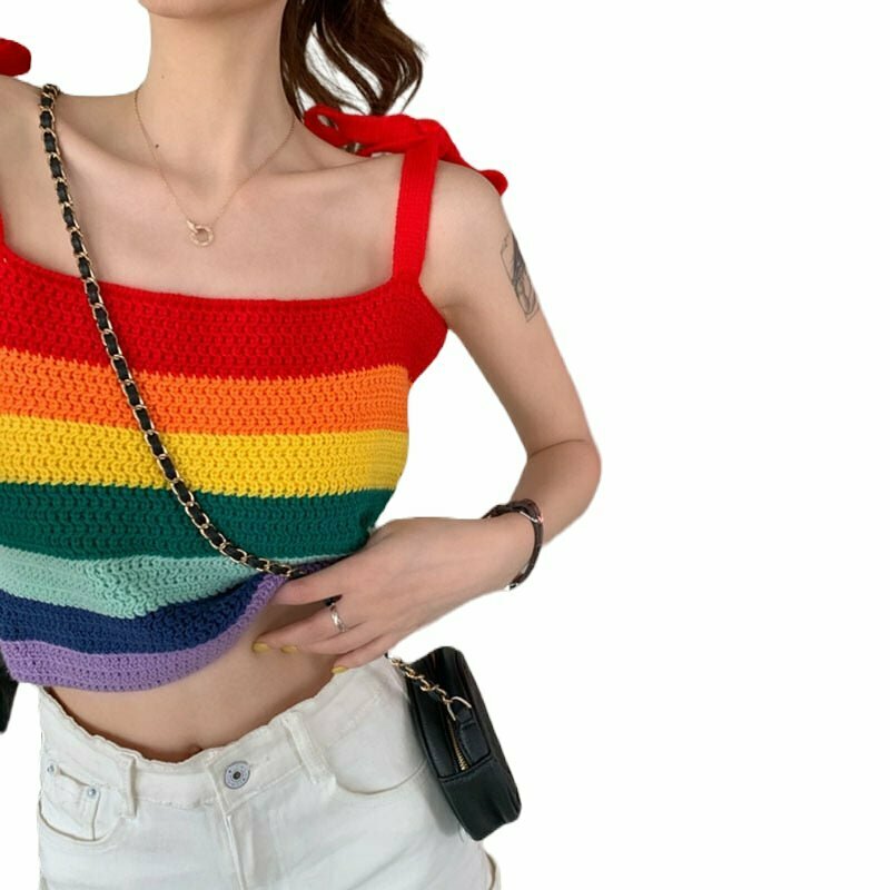 Y2K Rainbow Stripe Crop Top - 90s Grunge, Retro Summer, Pastel Goth, Y2K Party