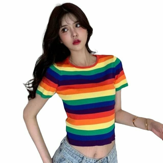 Y2K Rainbow Striped Crop Top - 90s Grunge, Retro Summer, Pastel Goth, Hip Hop Fashion