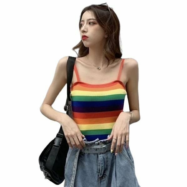 Y2K Rainbow Striped Crop Top - 90s Grunge, Retro Summer, Pastel Goth, Hip Hop Fashion