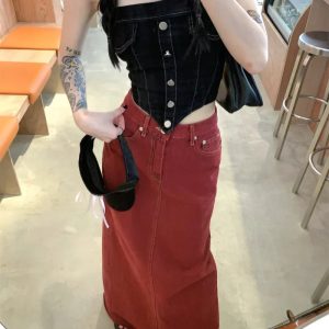 Y2K Red Denim Elegance Floor-Length Skirt - 90s Grunge, Retro, Summer, Party Outfit