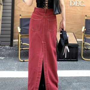 Y2K Red Denim Elegance Floor-Length Skirt - 90s Grunge, Retro, Summer, Party Outfit