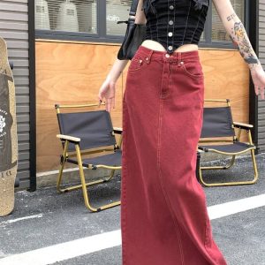 Y2K Red Denim Elegance Floor-Length Skirt - 90s Grunge, Retro, Summer, Party Outfit