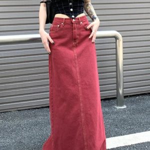 Y2K Red Denim Elegance Floor-Length Skirt - 90s Grunge, Retro, Summer, Party Outfit