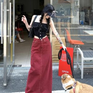 Y2K Red Denim Elegance Floor-Length Skirt - 90s Grunge, Retro, Summer, Party Outfit