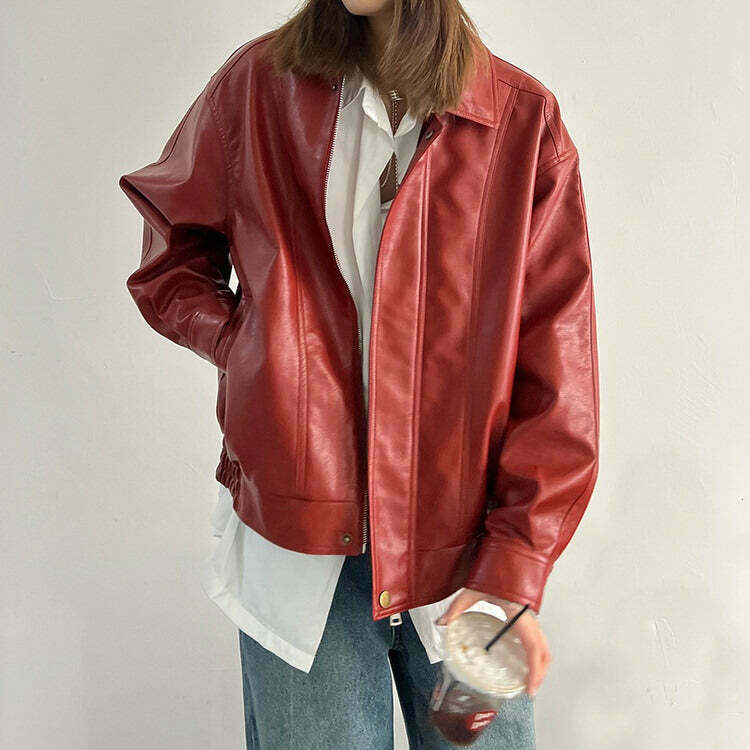 Y2K Red Grunge Leather Jacket - 90s Fashion, Retro Style, Y2K Summer & Party Outfits