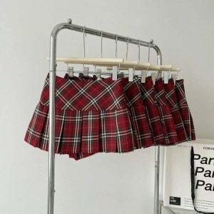 Y2K Red Plaid Grunge Pleated Skirt - 90s Fashion, Y2K Summer Outfits,