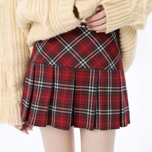 Y2K Red Plaid Grunge Pleated Skirt - 90s Fashion, Y2K Summer Outfits,