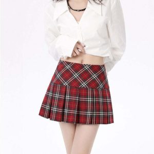 Y2K Red Plaid Grunge Pleated Skirt - 90s Fashion, Y2K Summer Outfits,