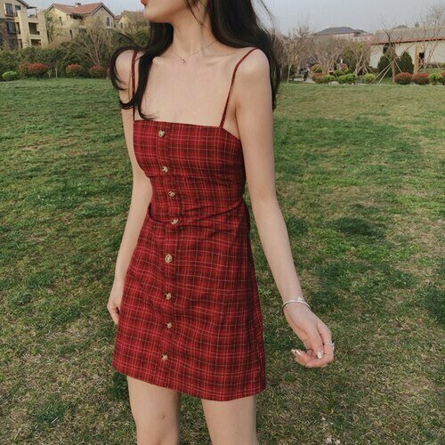 Y2K Red Plaid Retro Dress - 90s Grunge Summer Outfit, Y2K Party & Club Fashion