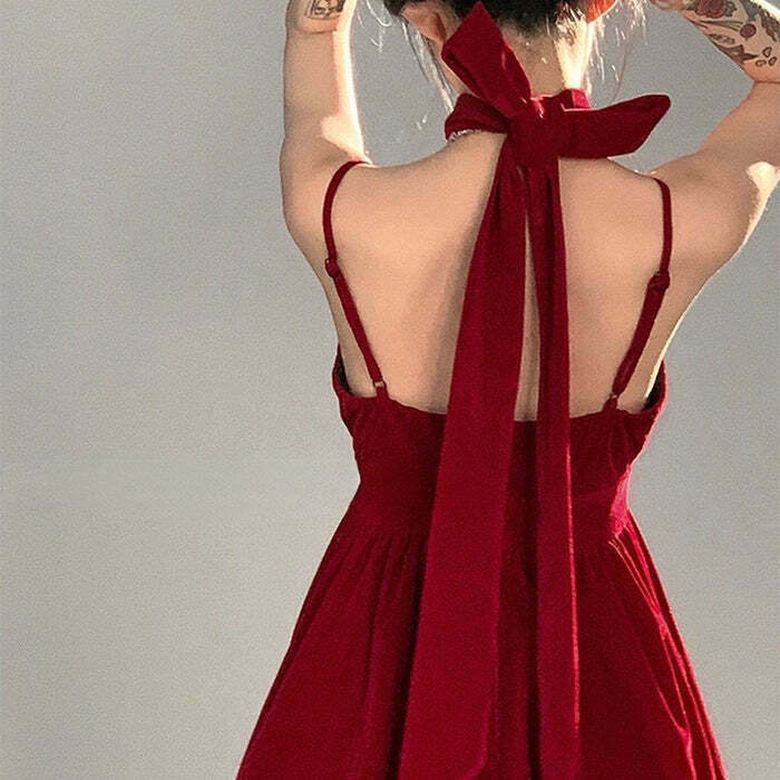 Y2K Red Velvet Halter Dress - 90s Grunge, Retro Party, Summer Club Outfit