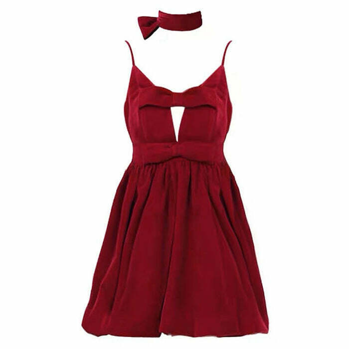 Y2K Red Velvet Halter Dress - 90s Grunge, Retro Party, Summer Club Outfit