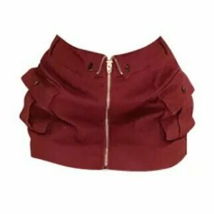 Y2K Red Zipper Cargo Skirt - 90s Grunge, Retro Summer Outfit, Y2K Party &