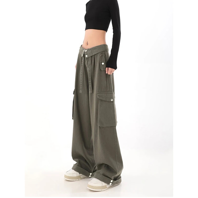 Y2K Retro ArmyGreen Overalls Jeans Women's Fashion - Hip Hop High Waist Loose Casual Cargo Pants