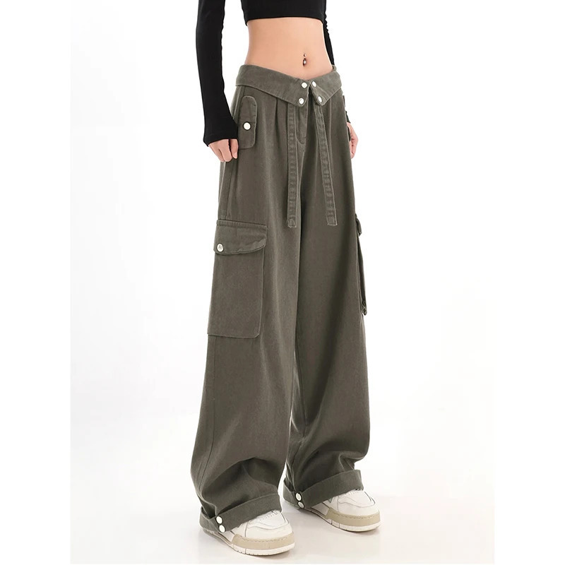 Y2K Retro ArmyGreen Overalls Jeans Women's Fashion - Hip Hop High Waist Loose Casual Cargo Pants