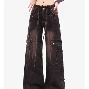 Y2K Retro Black Jeans: High-Waisted Wide-Leg Street Fashion Pants