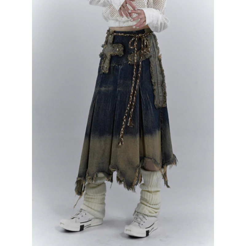 Y2K Retro Blue Denim Flared Skirt - Street Style Casual Irregular High Waist Winter Long Skirt