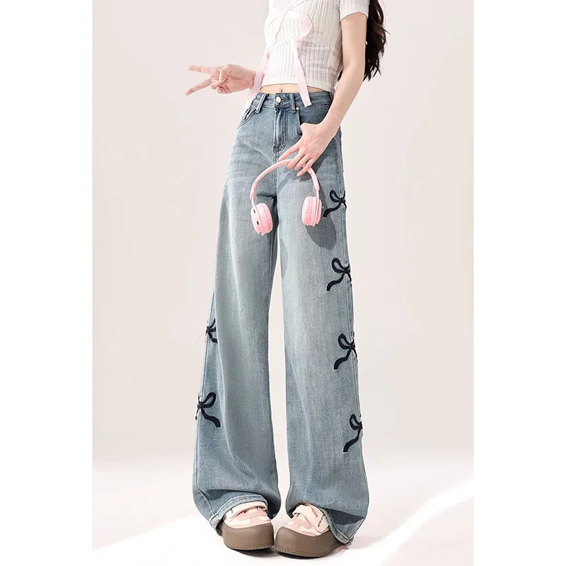 Y2K Retro Blue High Waist Wide Leg Denim Jeans - American Street Style Straight Baggy Trousers