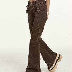 Y2K Retro Brown High Waist Jeans - 90s Grunge, Summer Outfits, Y2K Fashion Essentials