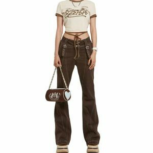 Y2K Retro Brown High Waist Jeans - 90s Grunge, Summer Outfits, Y2K Fashion Essentials