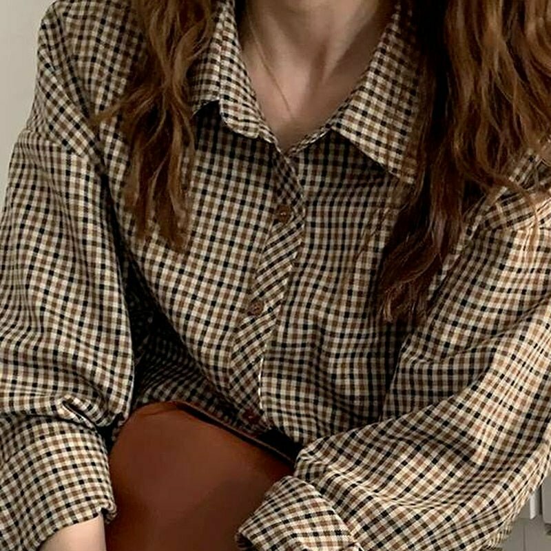 Y2K Retro Brown Plaid Shirt - 90s Grunge, Summer Outfits, Y2K Party, and