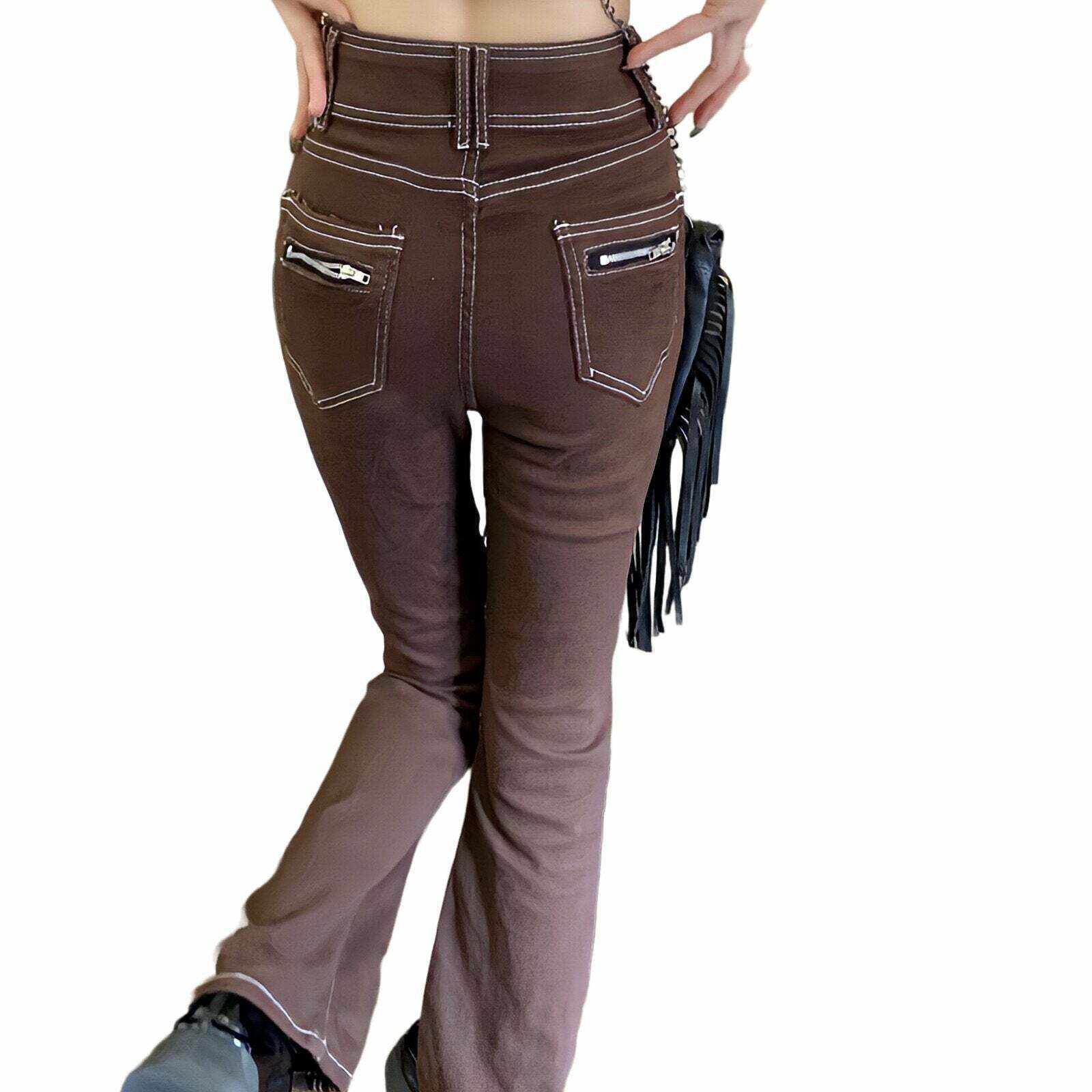 Y2K Retro Flared Brown Jeans - 90s Grunge, Summer Outfits, Y2K Party & Club