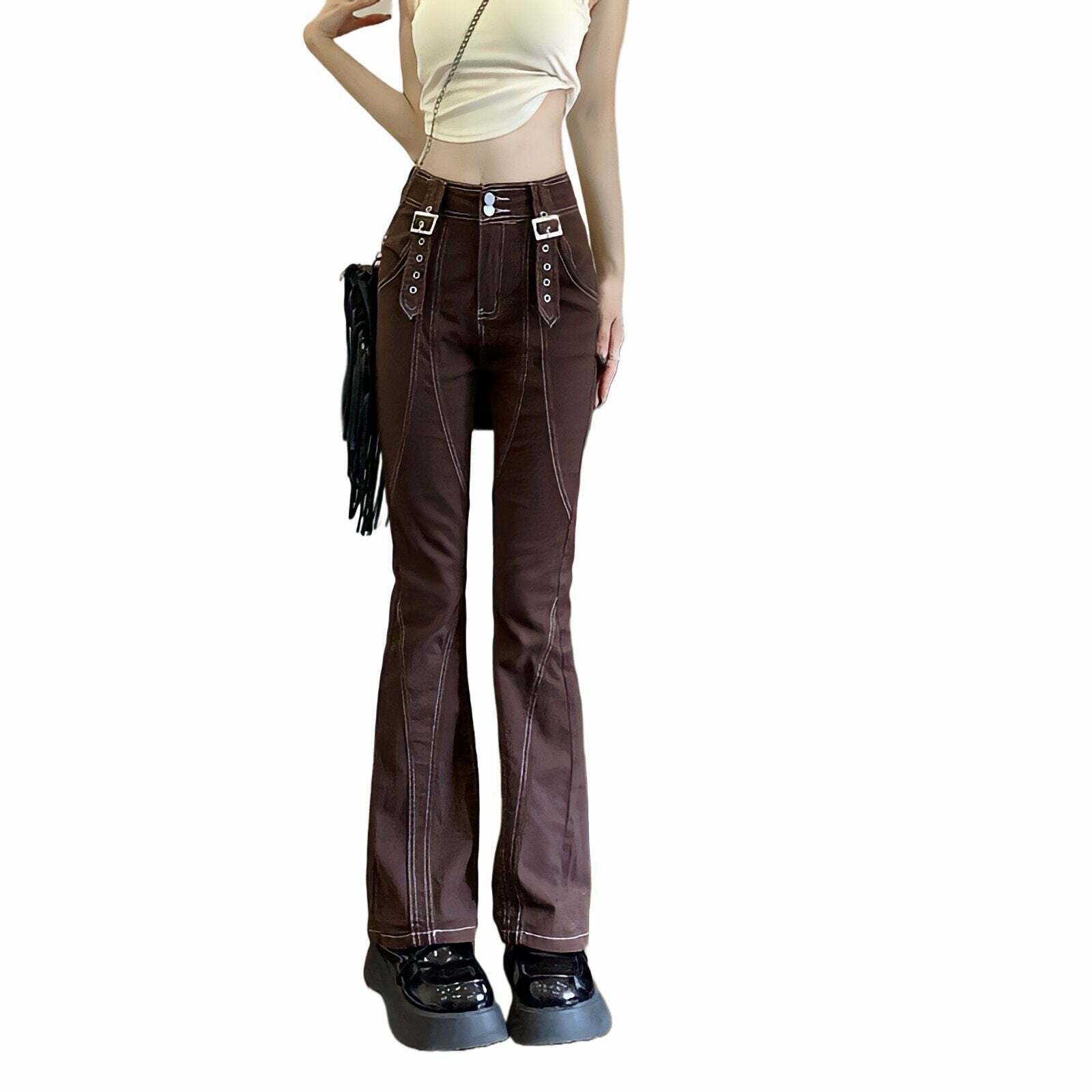 Y2K Retro Flared Brown Jeans - 90s Grunge, Summer Outfits, Y2K Party & Club