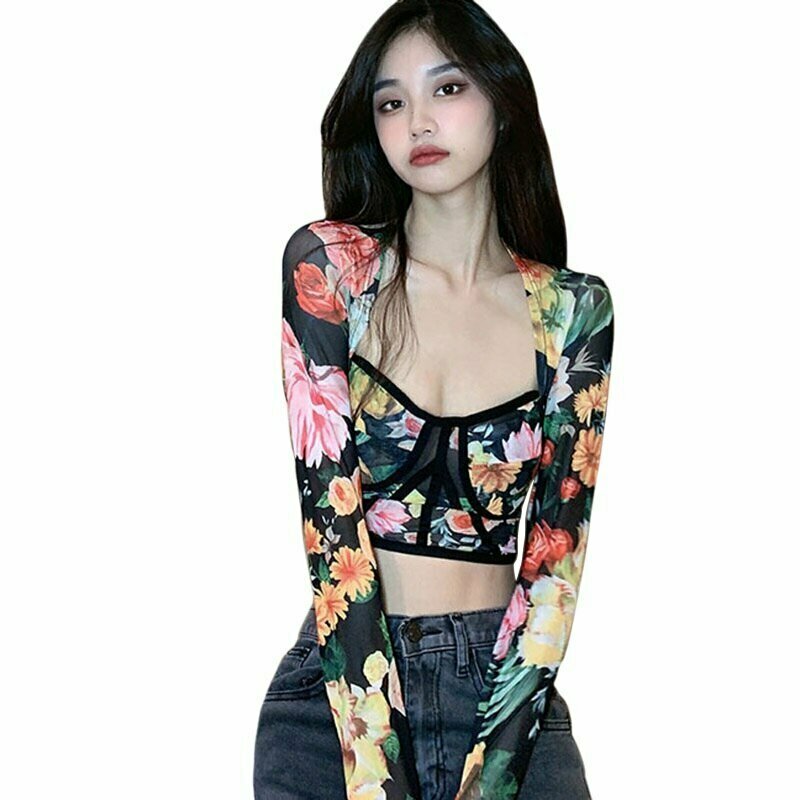 Y2K Retro Floral Mesh Blouse - 90s Grunge, Summer Outfits, Pastel Goth, Y2