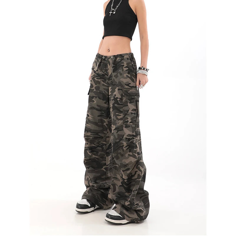 Y2K Retro High Street Camouflage Cargo Overalls for Women - Hip-hop Grunge Baggy Trousers