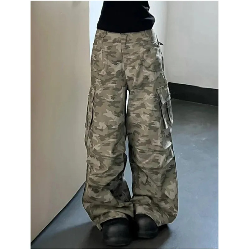 Y2K Retro High Street Camouflage Cargo Overalls for Women - Hip-hop Grunge Baggy Trousers