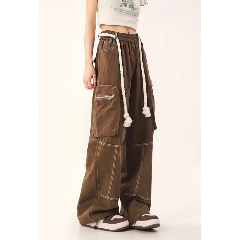 Y2K Retro High Street Casual Overalls: Solid Color Loose Wide Leg Cargo Pants