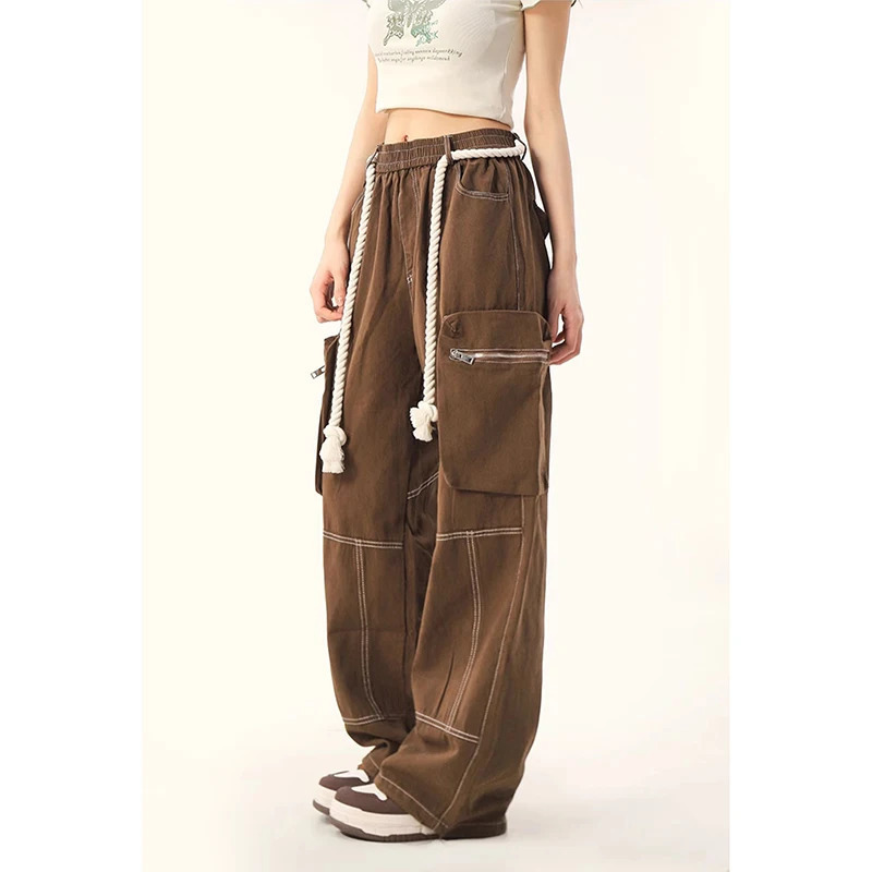 Y2K Retro High Street Casual Overalls: Solid Color Loose Wide Leg Cargo Pants