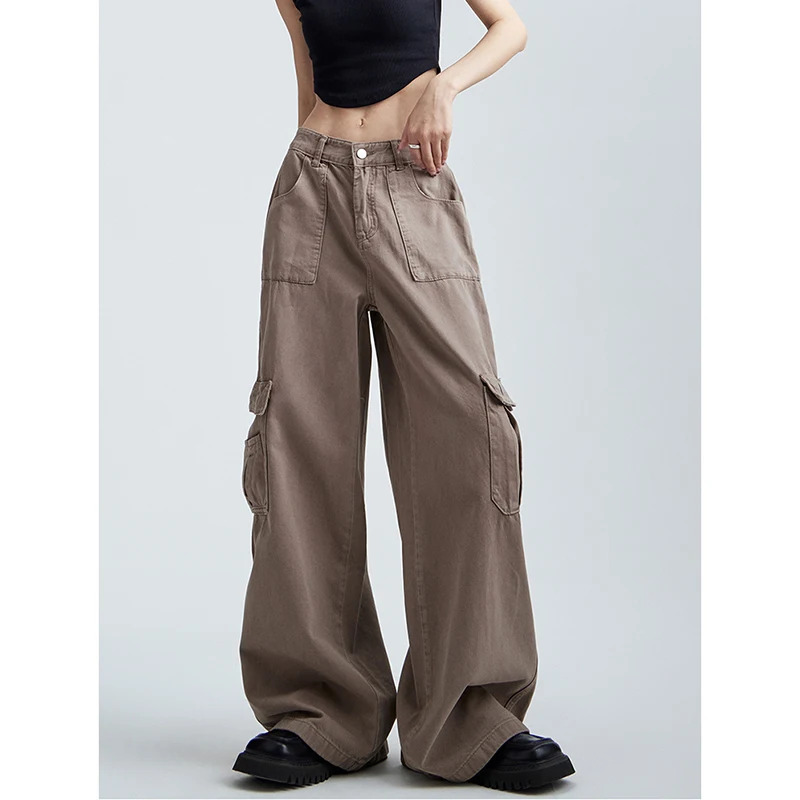 Y2K Retro High Street Casual Overalls: Solid Color Loose Wide Leg Jeans with Cargo Pockets