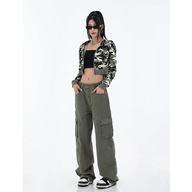 Y2K Retro High Street Casual Overalls: Solid Color Loose Wide Leg Jeans with Cargo Pockets