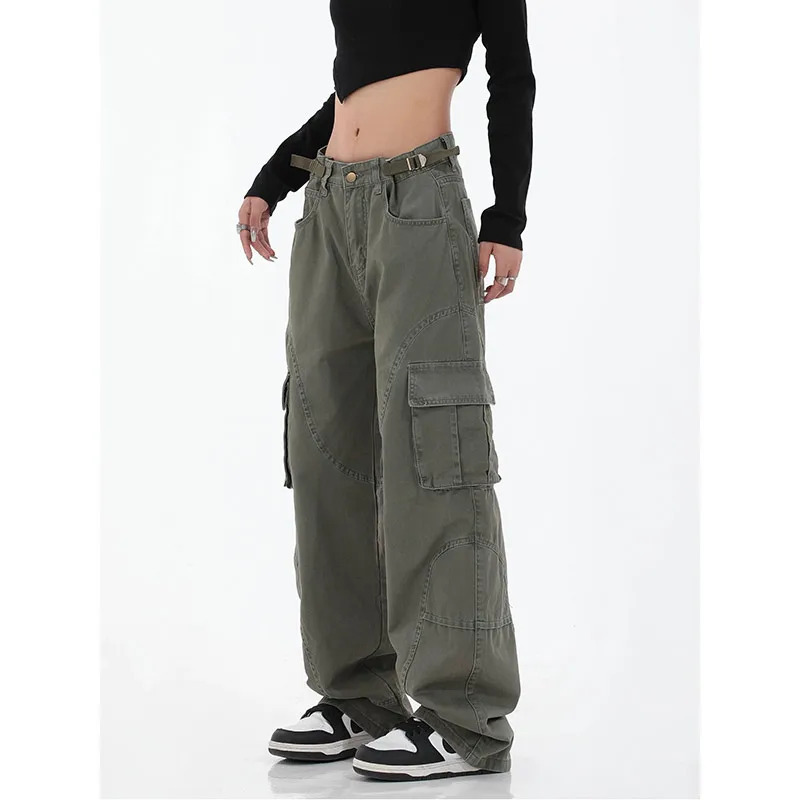 Y2K Retro High Street Casual Overalls: Solid Color Loose Wide Leg Jeans with Cargo Pockets