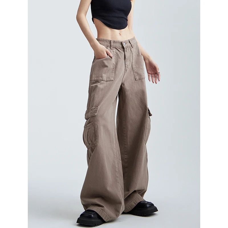 Y2K Retro High Street Casual Overalls: Solid Color Loose Wide Leg Jeans with Cargo Pockets