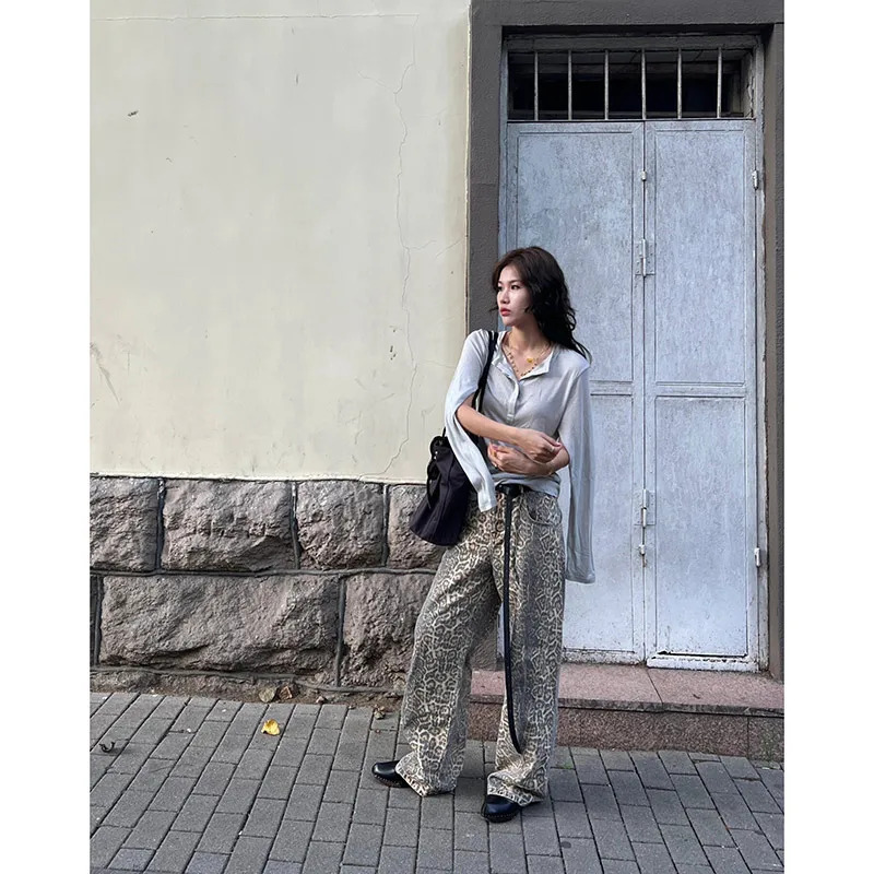 Y2K Retro High Street Leopard Print Overalls: Casual Loose Fit Cargo Pants for Women