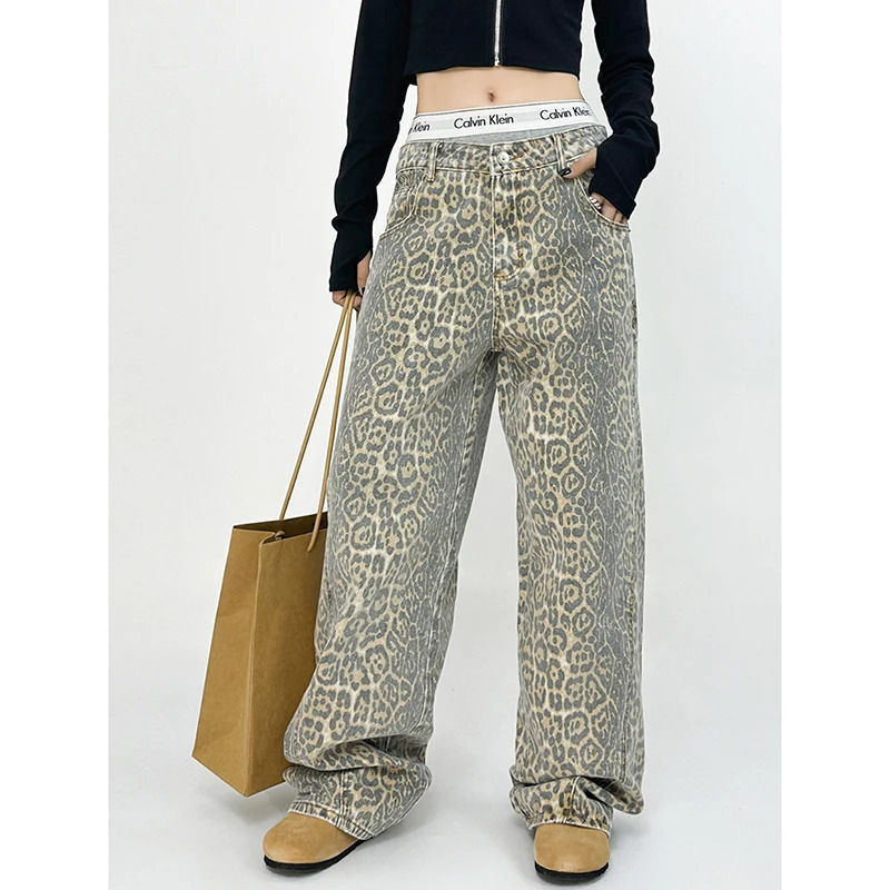 Y2K Retro High Street Leopard Print Overalls for Women - Hip-hop Cargo Grunge Baggy Trousers