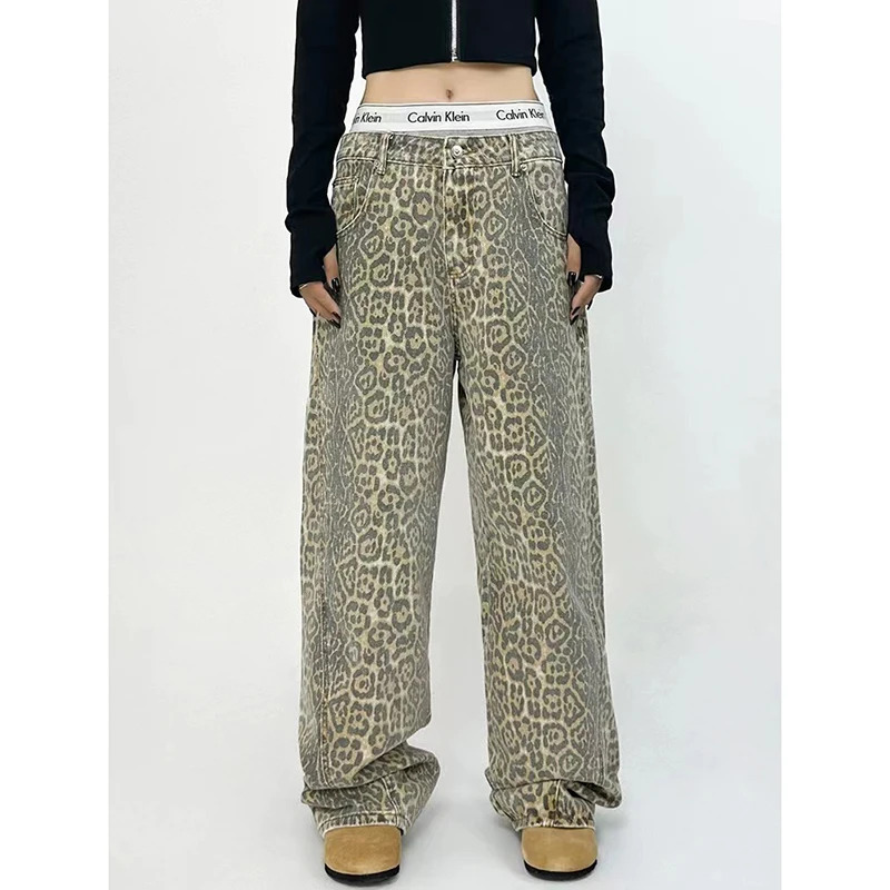 Y2K Retro High Street Leopard Print Overalls for Women - Hip-hop Cargo Grunge Baggy Trousers