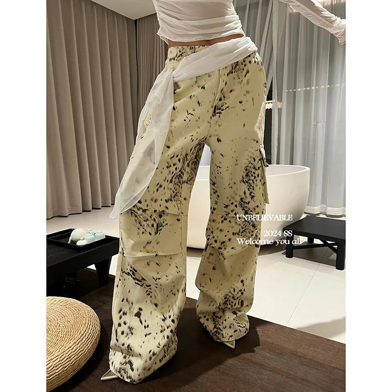 Y2K Retro High Street Leopard Print Overalls for Women - Hip-hop Cargo Grunge Baggy Trousers